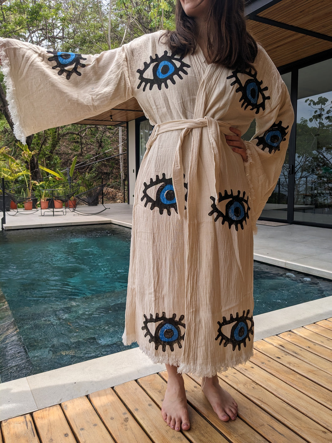 Blue Evil Eyes Kimono Gift for her Handmade Summer Beach Turkish Cotton 