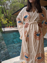 Load image into Gallery viewer, Brick &amp; Blue Evil Eyes Kimono Gift for her Handmade Summer Beach Turkish Cotton 
