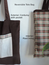 Load image into Gallery viewer, Handmade Reversible Corduroy Tote Bag with pocket and plaid lining
