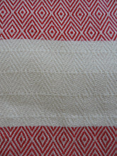 Load image into Gallery viewer, Personalized Blanket in red handmade in natural turkish organic cotton with diamond lozenges pattern bordered by tassels
