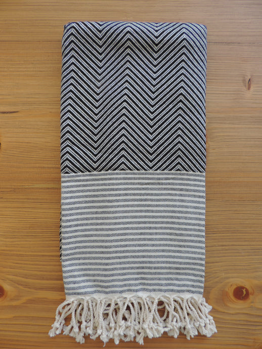 Personalized Blanket handmade in natural turkish organic cotton in black with zigzag herringbone & stripes bordered with tassels