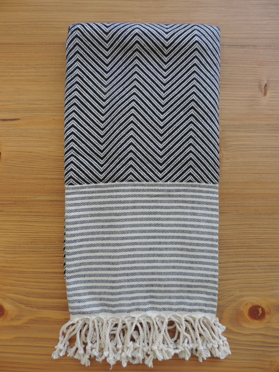 Personalized Blanket handmade in natural turkish organic cotton in black with zigzag herringbone & stripes bordered with tassels