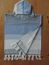 Load image into Gallery viewer, Personalized Beach Poncho Blue &amp; Grey with stripes handmade in organic turkish cotton with terry lining &amp; tassels
