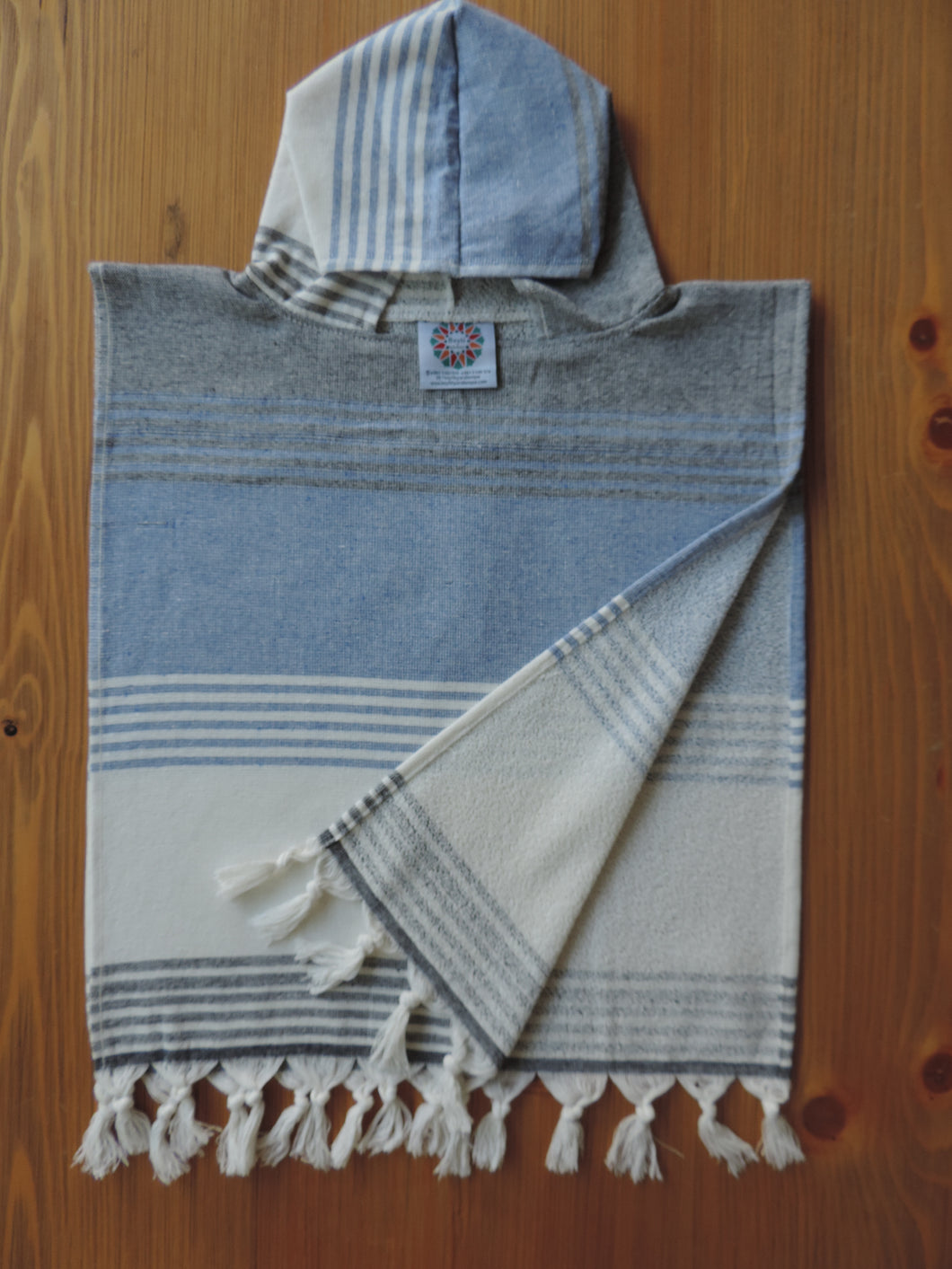 Personalized Beach Poncho Blue & Grey with stripes handmade in organic turkish cotton with terry lining & tassels
