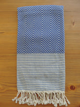Load image into Gallery viewer, Personalized Blanket handmade in natural turkish organic cotton in blue with zigzag herringbone &amp; stripes bordered with tassels
