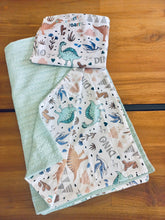 Load image into Gallery viewer, Personalized Baby Gift Green Dinosaurs blanket &amp; cushion set handmade in turkish cotton
