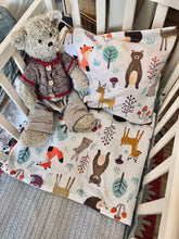 Load image into Gallery viewer, Personalized Baby Gift Grey Forest Animals blanket &amp; cushion handmade in turkish cotton
