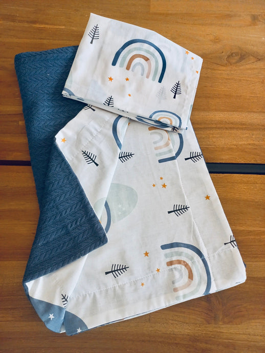 Personalized Baby Gift Navy Blue Rainbow blanket & cushion set handmade in turkish cotton