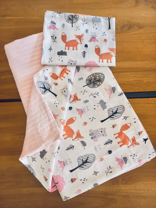 Personalized Baby Gift Pink Forest Animals blanket & cushion set handmade in turkish cotton 