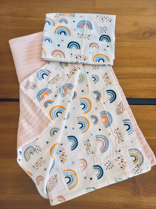 Personalized Baby Gift Pink Rainbow blanket cushion set handmade in turkish cotton