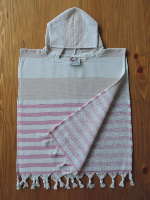 Personalized Beach Poncho Beige and Fuchsia Color with stripes handmade in organic turkish cotton with terry lining