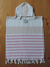 Load image into Gallery viewer, Personalized Beach Poncho Beige and Fuchsia Color with stripes handmade in organic turkish cotton with terry lining
