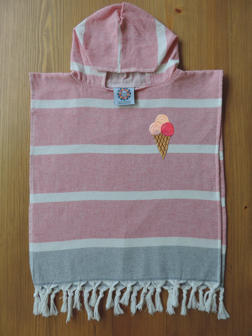 Personalized Beach Poncho Coral Fuchsia Color with Ice-cream Embroidery handmade in turkish cotton & terry