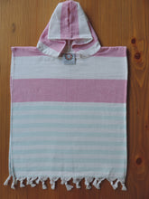 Load image into Gallery viewer, Personalized Beach Poncho Fuchsia and Light Turquoise with stripes handmade in organic turkish cotton with terry lining
