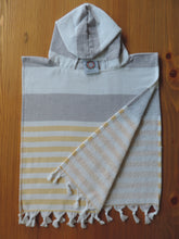 Load image into Gallery viewer, Personalized Beach Poncho Grey and Yellow with stripes handmade in organic turkish cotton with terry lining
