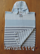 Load image into Gallery viewer, Personalized Beach Poncho Baby Light Blue and Dark Navy Blue with stripes handmade in organic turkish cotton with terry lining
