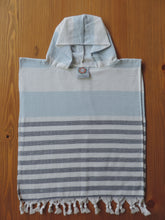 Load image into Gallery viewer, Personalized Beach Poncho Baby Light Blue and Dark Navy Blue with stripes handmade in organic turkish cotton with terry lining
