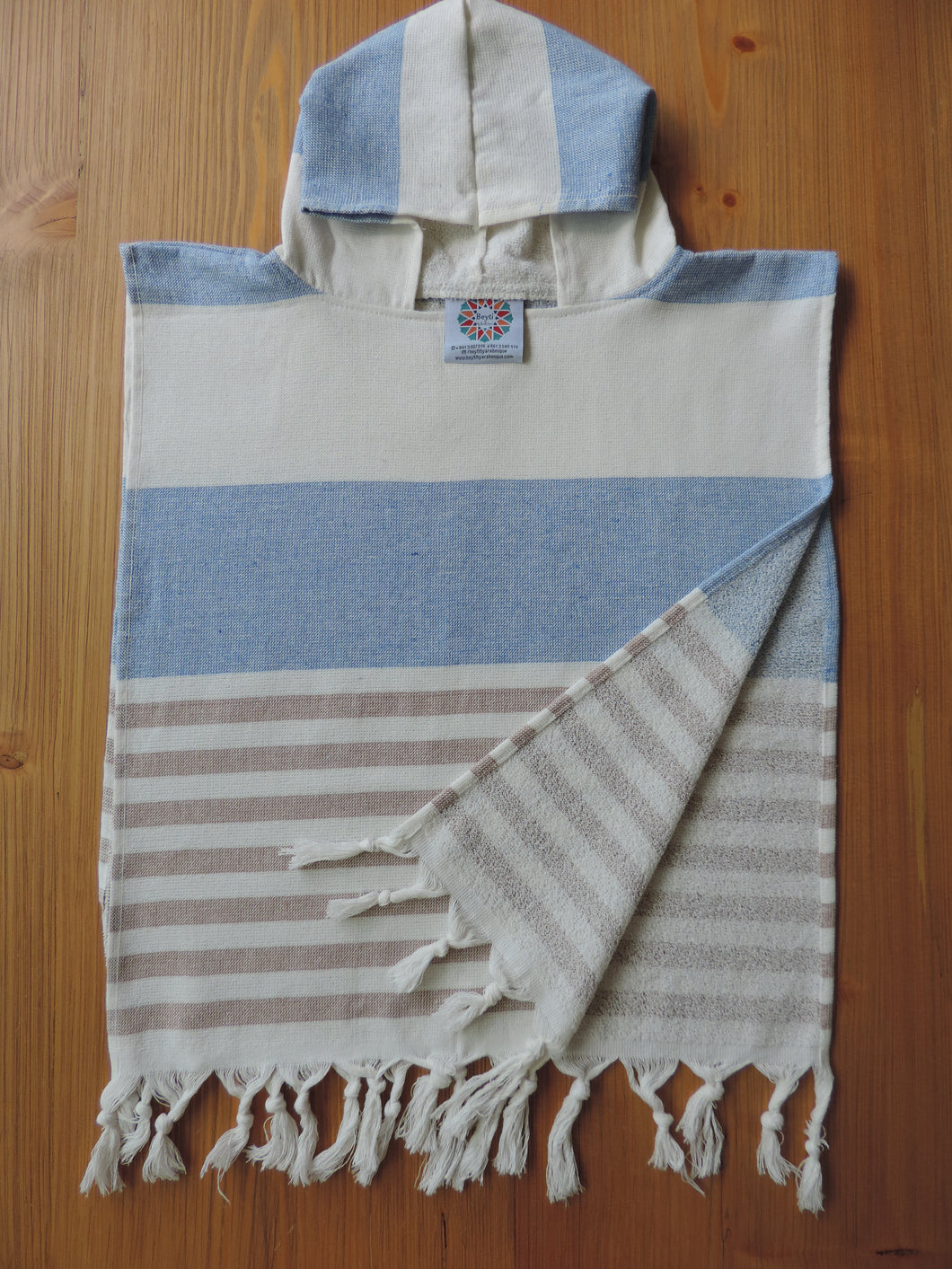 Personalized Beach Poncho Navy Blue & Beige with stripes handmade in organic turkish cotton with terry lining