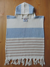 Load image into Gallery viewer, Personalized Beach Poncho Navy Blue &amp; Beige with stripes handmade in organic turkish cotton with terry lining
