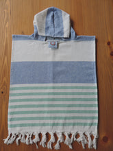 Load image into Gallery viewer, Personalized Beach Poncho Blue Navy &amp; Green with stripes handmade in organic turkish cotton with terry lining
