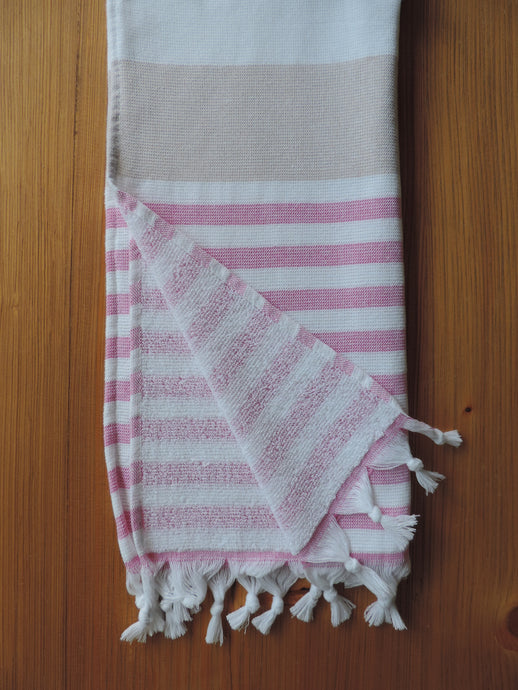 Personalized Beach Towel Beige & Fuchsia PInk stripes  handmade in organic turkish cotton with terry lining 