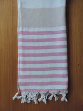 Load image into Gallery viewer, Personalized Beach Towel Beige &amp; Fuchsia PInk stripes  handmade in organic turkish cotton with terry lining 
