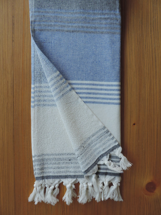 Personalized Beach Towel Blue & Grey with stripes handmade in organic turkish cotton with terry lining 