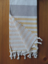 Load image into Gallery viewer, Personalized Beach Towel Grey &amp; Yellow stripes handmade in organic turkish cotton with terry lining

