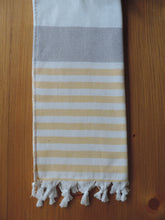 Load image into Gallery viewer, Personalized Beach Towel Grey &amp; Yellow stripes handmade in organic turkish cotton with terry lining
