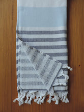 Load image into Gallery viewer, Personalized Beach Towel Light Baby Blue &amp; Navy Blue stripes handmade in organic turkish cotton with terry lining
