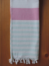 Load image into Gallery viewer, Personalized Beach Towel Turquoise &amp; Fuchsia PInk stripes handmade in organic turkish cotton with terry lining
