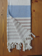 Load image into Gallery viewer, Personalized Beach Towel Beige &amp; Navy  Blue stripes handmade in organic turkish cotton with terry lining
