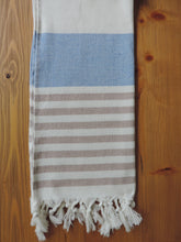 Load image into Gallery viewer, Personalized Beach Towel Beige &amp; Navy Blue stripes handmade in organic turkish cotton with terry lining
