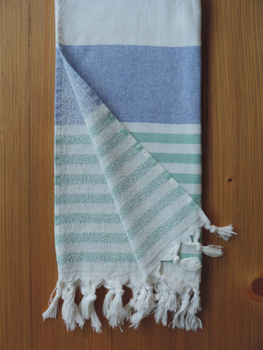 Personalized Beach Towel Navy Blue & Green stripes handmade in organic turkish cotton with terry lining