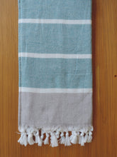 Load image into Gallery viewer, Personalized Beach Towel Teal Green Color handmade in organic turkish cotton with terry lining (1)
