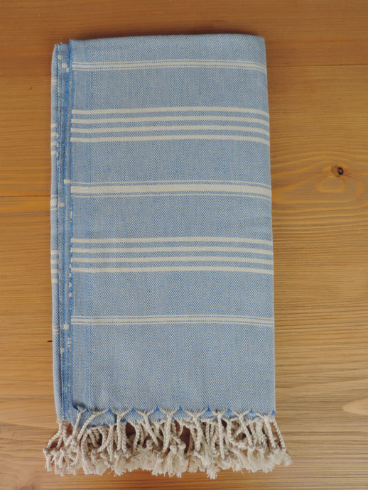 Personalized Beach Towel Throw Pestemal Peshtemal Blue handmade in organic turkish cotton with striped and bordered with tassels