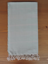 Load image into Gallery viewer, Personalized Beach Towel Throw Pestemal Peshtemal Light Mint Green Turquoise  handmade in organic turkish cotton with striped and bordered with tassels
