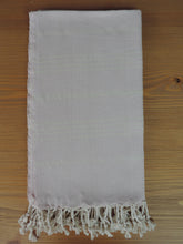 Load image into Gallery viewer, Personalized Beach Towel Throw Pestemal Peshtemal Light Baby Pink handmade in organic turkish cotton with striped and bordered with tassels
