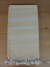 Load image into Gallery viewer, Personalized Beach Towel Throw Pestemal Peshtemal Yellow handmade in organic turkish cotton with striped and bordered with tassels
