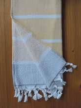 Load image into Gallery viewer, Personalized Beach Towel Yellow Color handmade in organic turkish cotton with terry lining (1)
