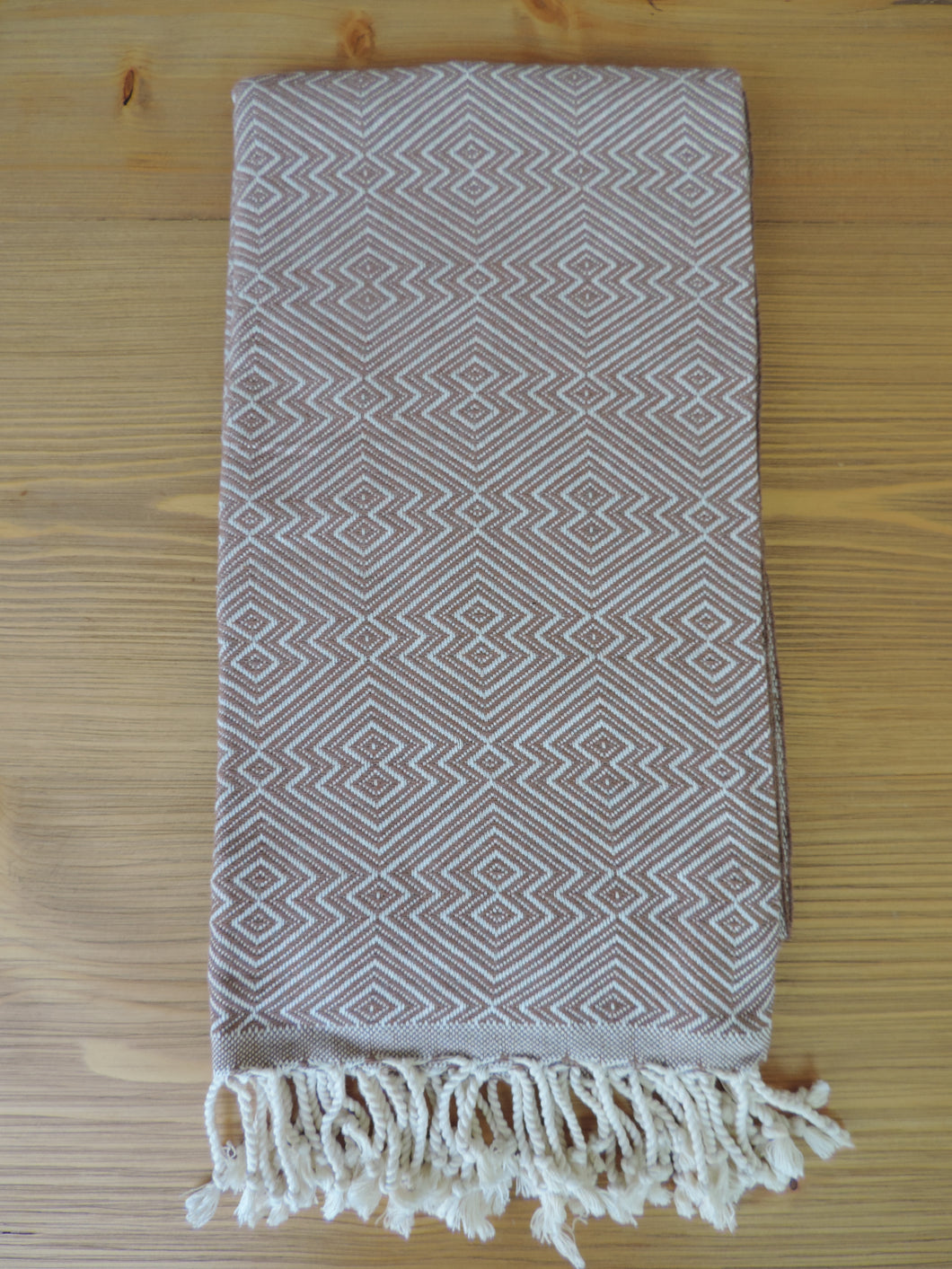 Personalized Blanket handmade in natural turkish organic cotton in brown color bordered by tassels 