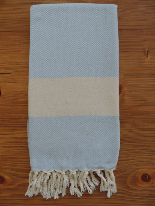 Personalized Blanket handmade in turkish organic cotton in baby light blue with zigzag herringbone bordered by tassels 