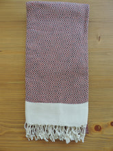 Load image into Gallery viewer, Personalized Blanket handmade in natural turkish organic cotton in brick red with tiny diamond lozenges bordered by tassels
