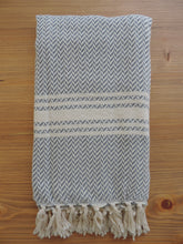 Load image into Gallery viewer, Personalized Blanket handmade in turkish organic cotton in grey with zigzag herringbone and stripes bordered by tassel 
