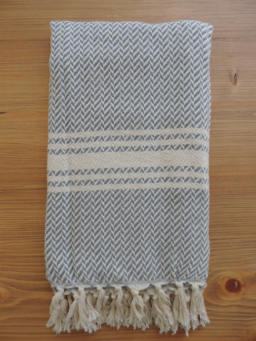 Personalized Blanket handmade in turkish organic cotton in grey with zigzag herringbone and stripes bordered by tassel 