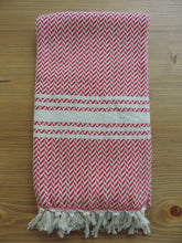 Load image into Gallery viewer, Personalized Blanket handmade in turkish organic cotton in red with zigzag herringbone and stripes bordered by tassel
