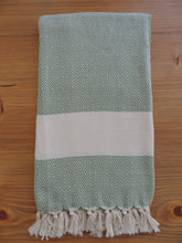 Load image into Gallery viewer, Personalized Blanket in Green handmade in natural turkish organic cotton with diamond lozenges pattern bordered by tassels
