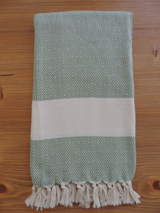 Personalized Blanket in Green handmade in natural turkish organic cotton with diamond lozenges pattern bordered by tassels
