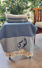 Load image into Gallery viewer, Personalized Blanket handmade in natural turkish organic cotton in blue with zigzag herringbone &amp; stripes bordered with tassels

